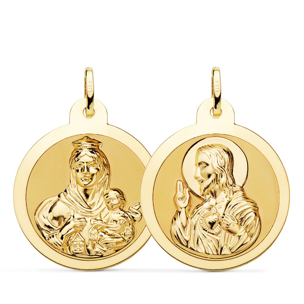 18K ESCAPULARIO BRILLO VIRGEN DEL CARMEN Y CORAZON DE JESUS 26 MM – Medallas escapularios