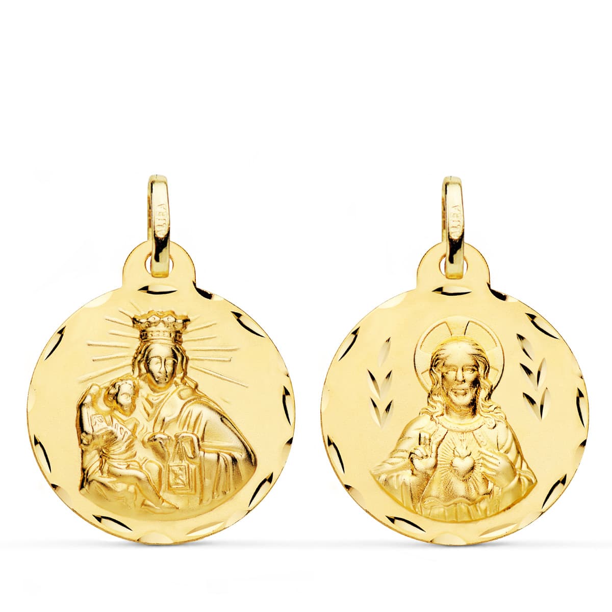 18K ESCAPULARIO CORAZON DE JESUS Y VIRGEN DEL CARMEN TALLADO 22 MM – Medallas escapularios