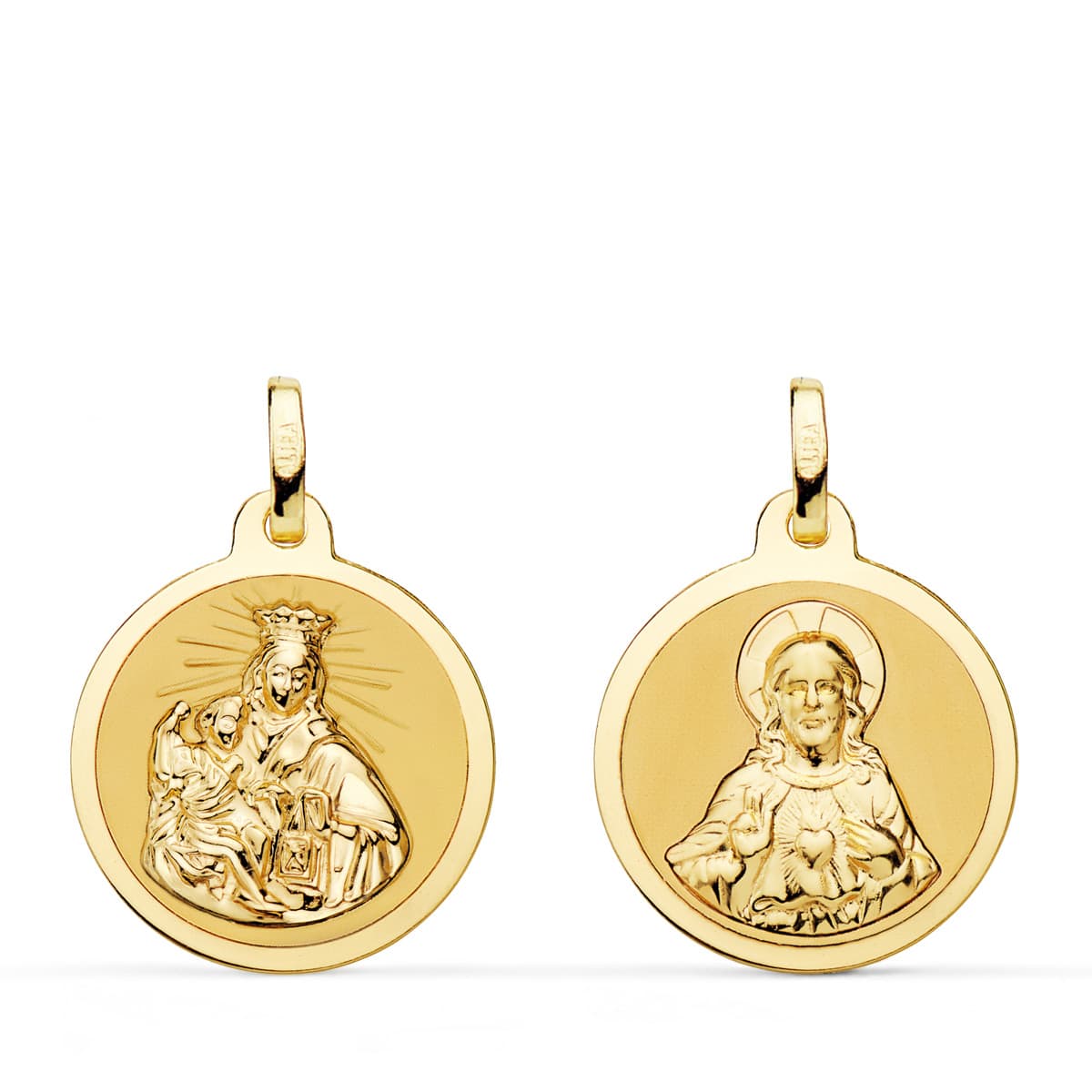 18K ESCAPULARIO VIRGEN DEL CARMEN Y CORAZON DE JESUS EN BRILLO 18 MM – Medallas escapularios