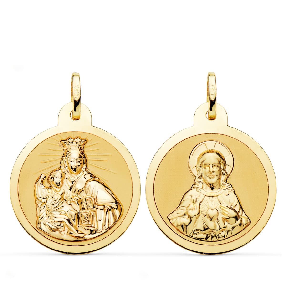 18K ESCAPULARIO VIRGEN DEL CARMEN Y CORAZON DE JESUS EN BRILLO 24 MM – Medallas escapularios