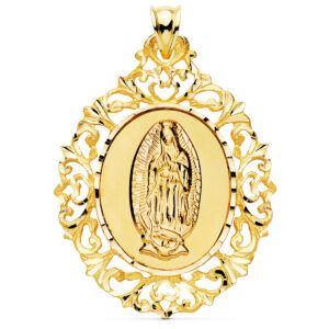 18K MEDALLA VIRGEN GUADALUPE ORLA DE FILIGRANA 51X40 MM