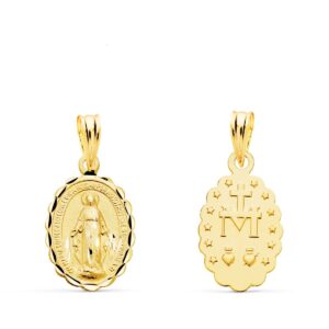 18K MEDALLA VIRGEN DE LA MILAGROSA OVAL TALLADA 15X11 MM