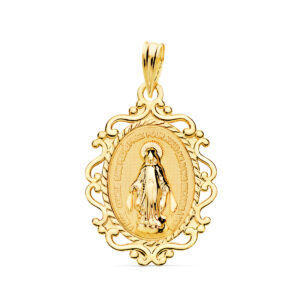 18K MEDALLA VIRGEN MILAGROSA CERCO FILIGRANA EN BRILLO FRANCES 23 X 16 MM