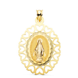 18K MEDALLA VIRGEN MILAGROSA OVAL CERCO CORAZONES. 40 X 33 MM