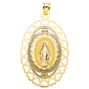18K MEDALLA VIRGEN MILAGROSA OVAL CERCO CORAZONES. 50 X 35 MM