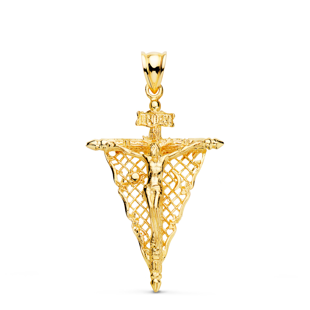 18K CRUZ ORO AMARILLO CON CRISTO DEL REMEDIO DE ANIMAS 35X23 MM