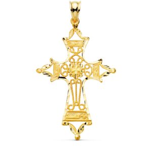 18K CRUZ ORO AMARILLO FILIGRANA BORDES TALLADOS. 46X30 MM
