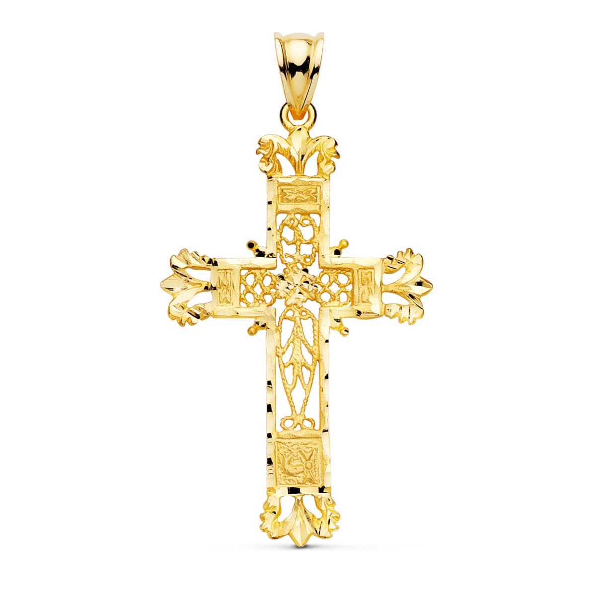 18K CRUZ ORO AMARILLO FILIGRANA BORDES TALLADOS. 44X28 MM