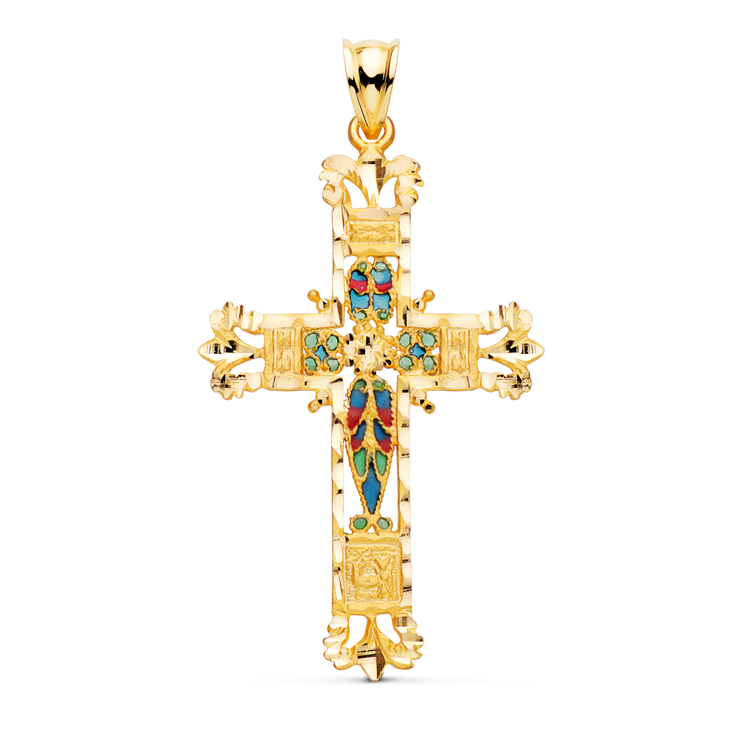 18K CRUZ ORO AMARILLO VIDRIERA CATEDRAL BORDES TALLADOS. 40X25 MM