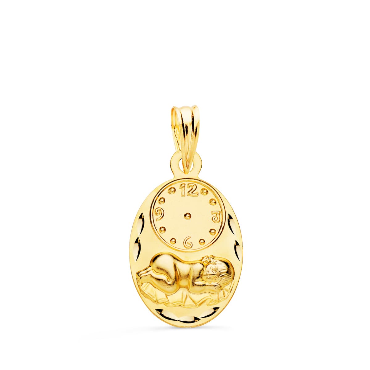 9K MEDALLA OVAL NIÑO DE LA HORA CON RELOJ TALLADA 19X12 MM – 9 KTES oro ley
