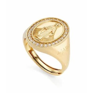 Anillo de la Virgen Milagrosa de latón con circonitas blancas – chapado en oro de 18 quilates