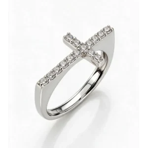 Anillo con cruz de plata de ley con circonitas blancas – acabado en rodio – RCRLUBBZ0