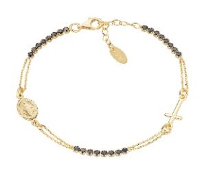 Pulsera con cruz de plata de ley con circonitas negras – acabado dorado