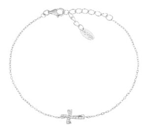Pulsera con cruz de plata de ley con circonitas blancas – acabado en rodio – Longitud 16 + 3 cm · colgante 9 x 7 mm