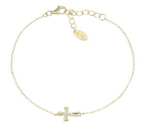 Pulsera con cruz de plata de ley con circonitas blancas – acabado dorado – Longitud 16 + 3 cm · colgante 9 x 7 mm