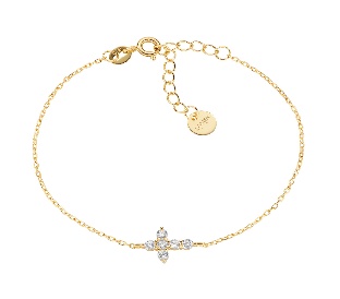 Pulsera con cruz de plata de ley con circonitas blancas – acabado dorado – Longitud 16 + 3 cm · colgante 9 x 6 mm