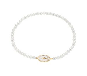 Pulsera de la Virgen Milagrosa de plata de ley con perlas, esmalte blanco perla y circonitas blancas – acabado dorado