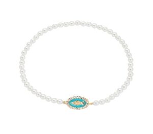 Pulsera de la Virgen Milagrosa de plata de ley con perlas, esmalte verde espuma de mar y circonitas blancas – acabado dorado