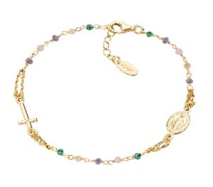 Pulsera rosario con cristales de plata de ley con cristales gris paloma y verdes – acabado dorado