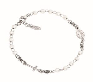 Pulsera rosario con perlas de plata de ley con perlas de cristal blancas – acabado en rodio – Longitud 18 + 2 cm · perlas Ø 4 mm