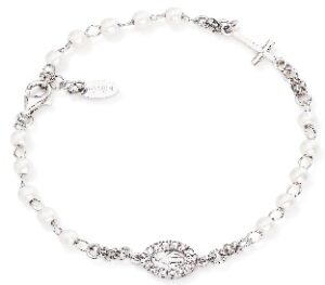 Pulsera rosario con perlas de plata de ley con perlas de cristal blancas y circonitas – acabado en rodio