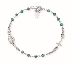 Pulsera rosario con cristales de plata de ley con cristales azul petróleo – acabado en rodio