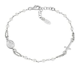 Pulsera rosario con perlas de plata de ley con perlas de cristal blancas – acabado en rodio – Longitud 18 + 2 cm · perlas Ø 3 mm
