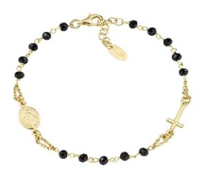 Pulsera rosario con cristales de plata de ley con cristales negros – acabado dorado