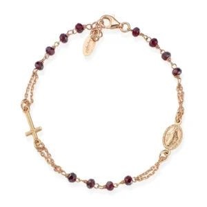 Pulsera rosario con cristales de plata de ley con cristales rojo rubí – acabado rosado