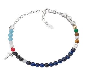 Pulsera Vida de Cristo y María de plata de ley con piedras semipreciosas mixtas y perlas de cristal – acabado en rodio