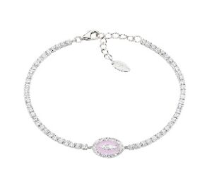Pulsera de la Virgen Milagrosa de plata de ley con esmalte rosa perla y circonitas blancas – acabado en rodio