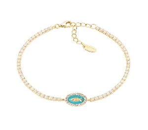 Pulsera de la Virgen Milagrosa de plata de ley con esmalte verde espuma de mar y circonitas blancas – acabado dorado