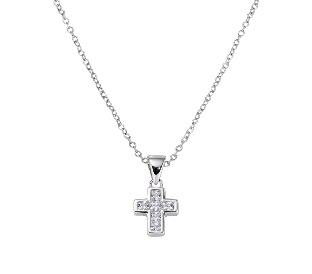 Collar con cruz de plata de ley con circonitas blancas – acabado en rodio – Longitud 40 + 5 cm · colgante 9 mm
