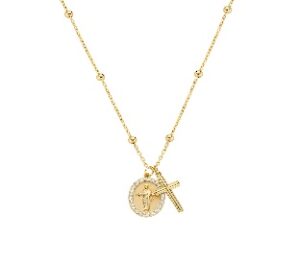 Collar con cruz de plata de ley con circonitas blancas – acabado dorado – Longitud 40 + 5 cm · colgante Ø 1 cm