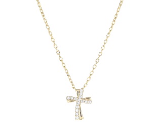 Collar con cruz de plata de ley con circonitas blancas – acabado dorado – Longitud 40 + 5 cm · altura del colgante 1,1cm