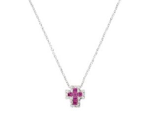 Collar con cruz de plata de ley con circonitas rojas y blancas – acabado en rodio – Longitud 40 + 5 cm · cruz 8 x 10 mm