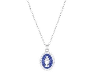 Collar de la Virgen Milagrosa de plata de ley con esmalte azul y circonitas blancas – acabado en rodio – Virgen Milagrosa