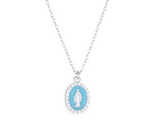 Collar de la Virgen Milagrosa de plata de ley con esmalte turquesa y circonitas blancas – acabado en rodio – Virgen Milagrosa