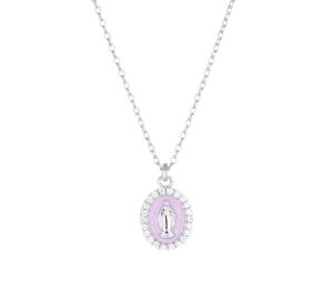 Collar de la Virgen Milagrosa de plata de ley con esmalte rosa y circonitas blancas – acabado en rodio – Virgen Milagrosa