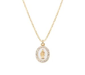 Collar de la Virgen Milagrosa de plata de ley con esmalte blanco perla y circonitas blancas – acabado dorado – Virgen