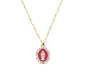 Collar de la Virgen Milagrosa de plata de ley con esmalte burdeos y circonitas blancas – acabado dorado – Virgen Milagrosa