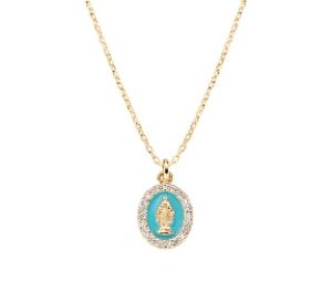 Collar de la Virgen Milagrosa de plata de ley con esmalte turquesa y circonitas blancas – acabado dorado – Virgen Milagrosa