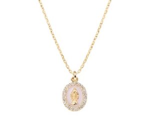 Collar de la Virgen Milagrosa de plata de ley con esmalte rosa perla y circonitas blancas – acabado dorado – Virgen Milagrosa