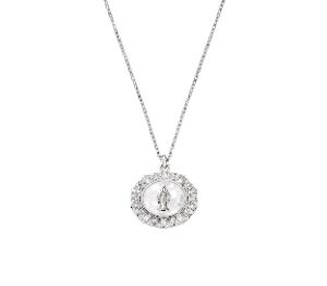 Collar de la Virgen Milagrosa de plata de ley con esmalte blanco, nácar y circonitas – acabado en rodio – Virgen Milagrosa