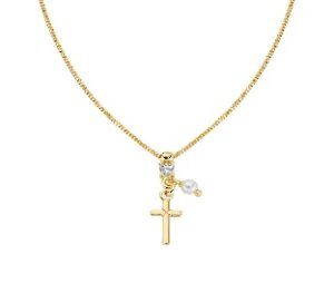 Collar con cruz de plata de ley con perla de cristal y circonitas blancas – acabado dorado