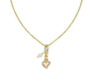 Collar del Sagrado Corazón de plata de ley con perla de cristal y circonitas blancas – acabado dorado – Símbolos sagrados