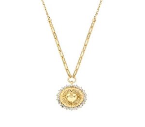 Collar del Sagrado Corazón de plata de ley con circonitas blancas – acabado dorado – Longitud 40 + 5 cm · medalla Ø 1,8 cm –
