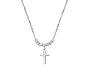 Collar con cruz de plata de ley con circonitas blancas – acabado en rodio – Longitud 38 + 5 cm · circonita Ø 2 mm · cruz 10 x 6 mm