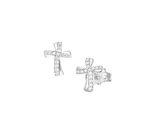 Pendientes con cruz de plata de ley con circonitas blancas – acabado en rodio – 9 x 7 mm