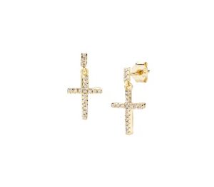 Pendientes con cruz de plata de ley con circonitas blancas – acabado dorado – Longitud 1,7 cm · colgante 8 x 12 mm